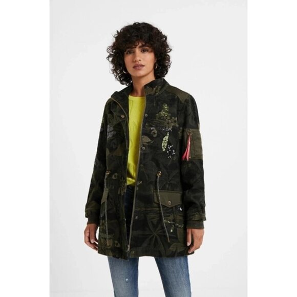 Desigual Jackets & Blazers - NWT Desigual cotton green & black tropical print camouflage sequined jacket, XS